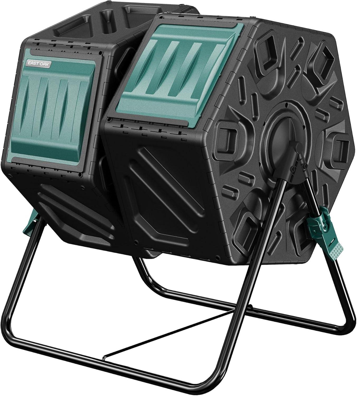 An East Oak dual chamber composter with two loading doors, ready for rotation.