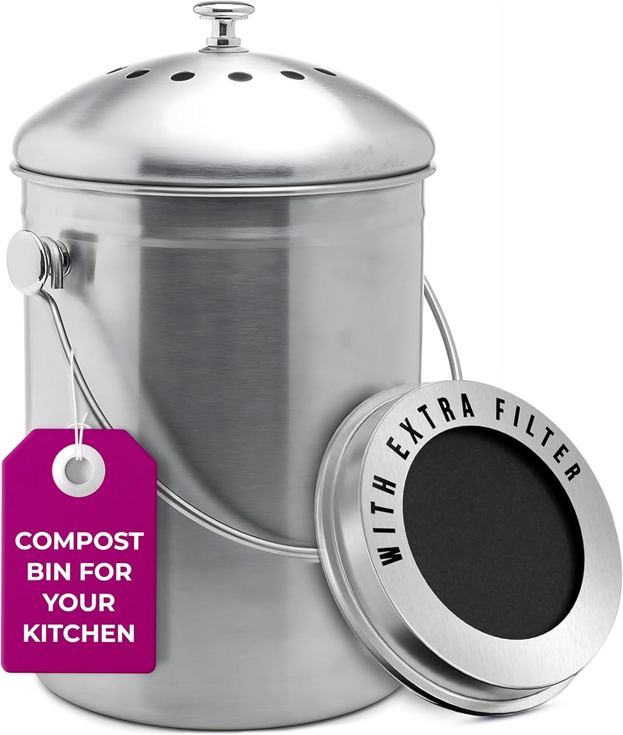 A sleek, 1.3-gallon stainless steel compost bin designed for a kitchen countertop.