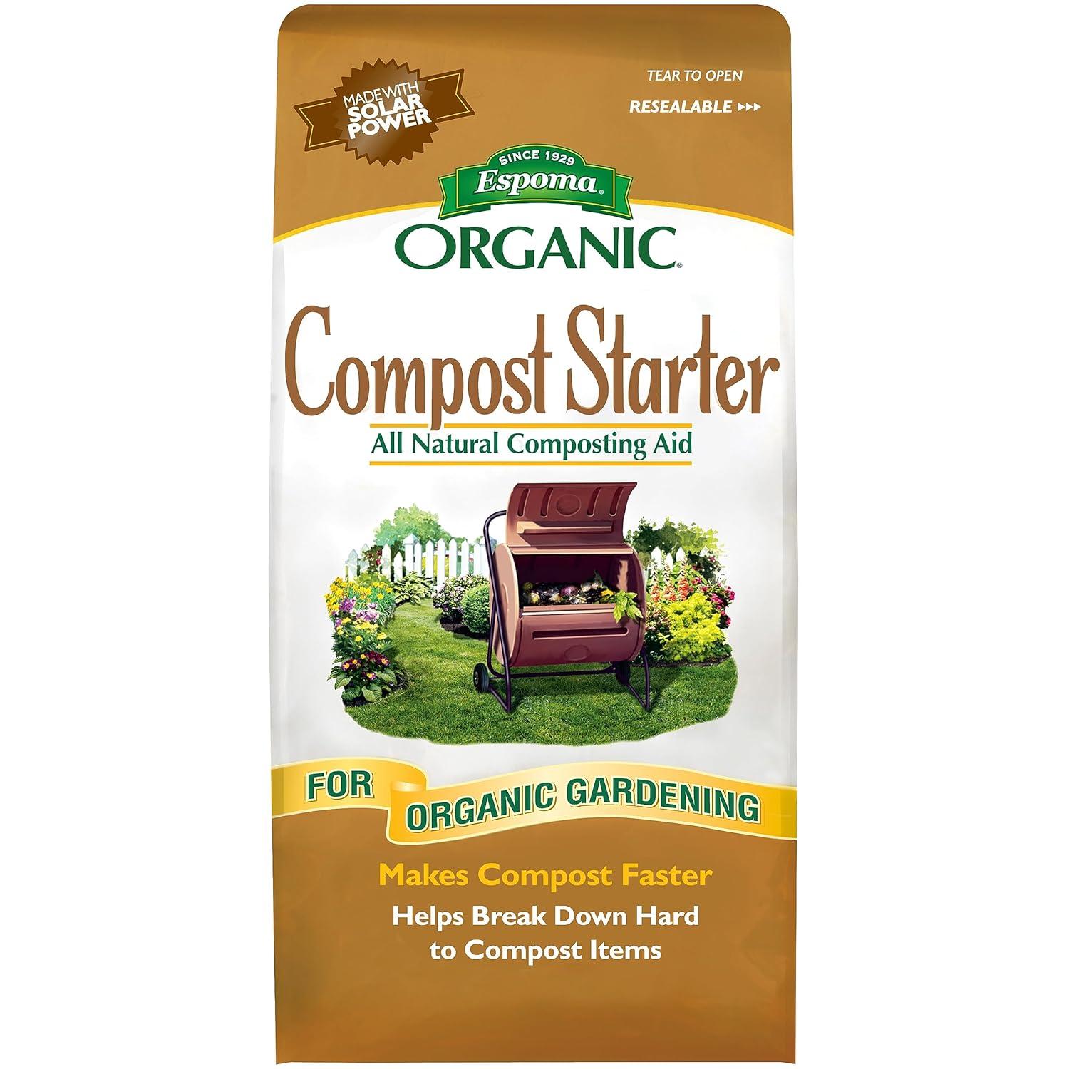 A 4-pound bag of Espoma Organic compost starter with illustrated vegetables.
