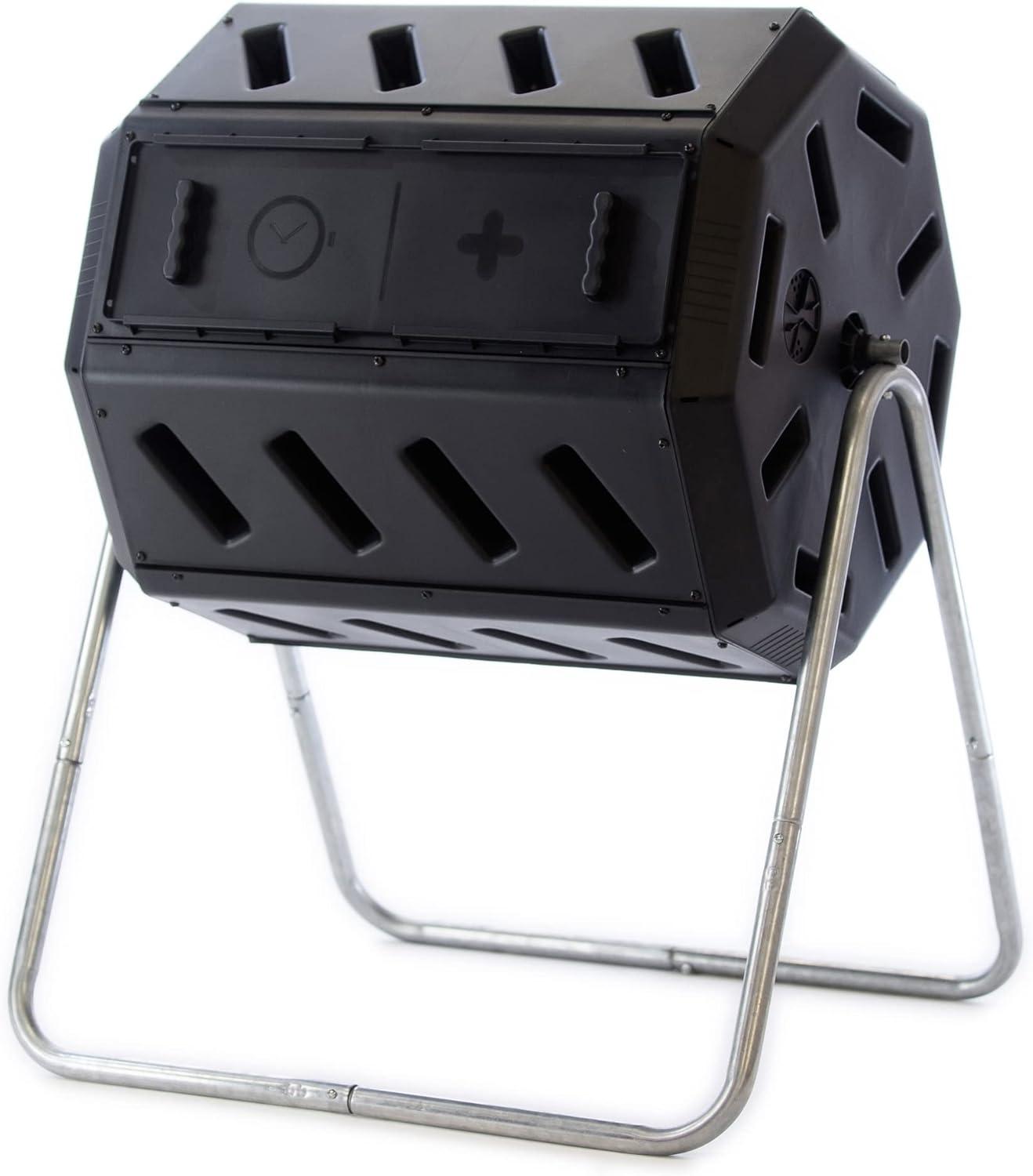 A black, dual-chamber tumbling composter on a stand, suitable for outdoor use.