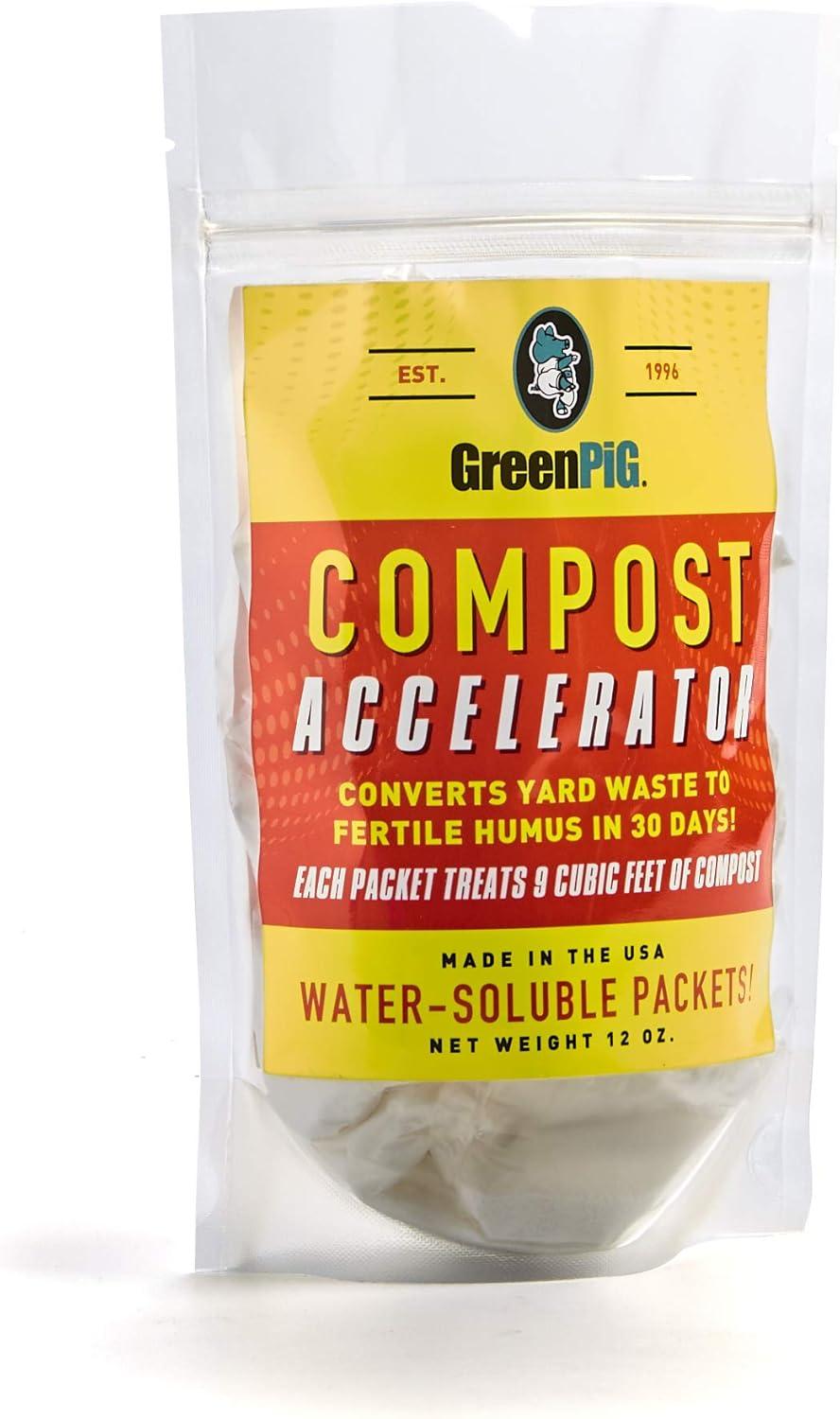 A box of GREEN PIG compost accelerator showing the 12 water-soluble packets.