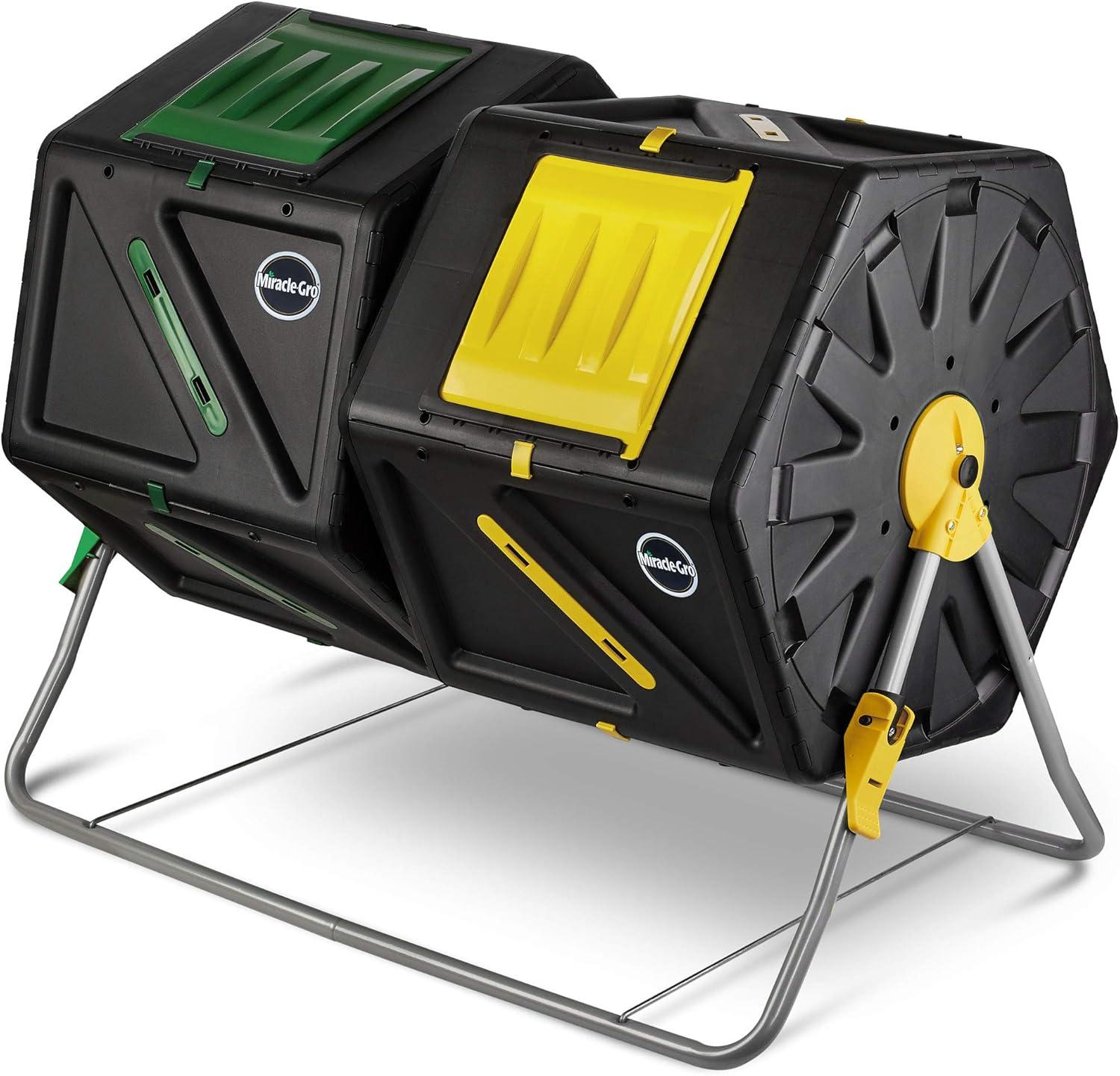 The large Miracle-Gro dual chamber compost tumbler with a sturdy frame.