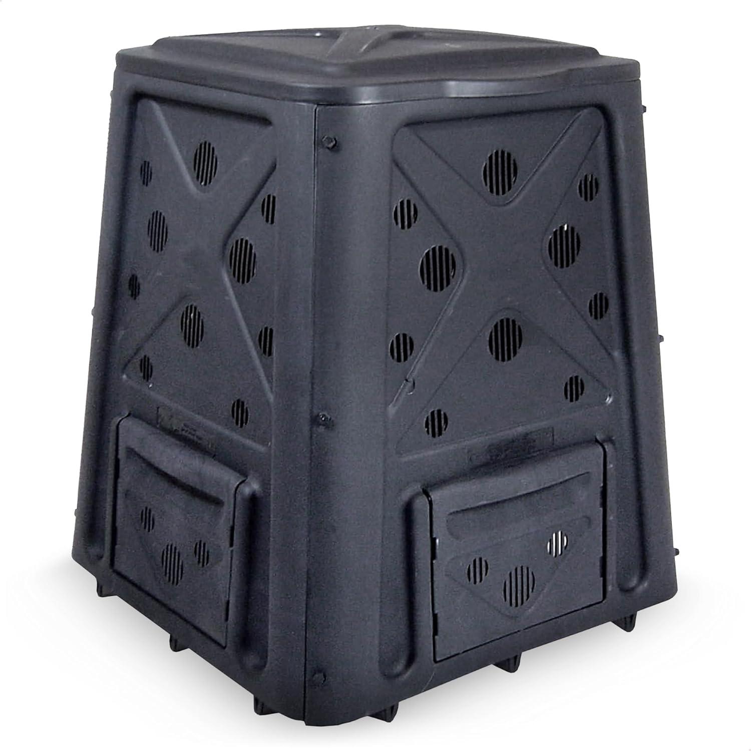 A large, black, 65-gallon Redmon compost bin with multiple access doors.