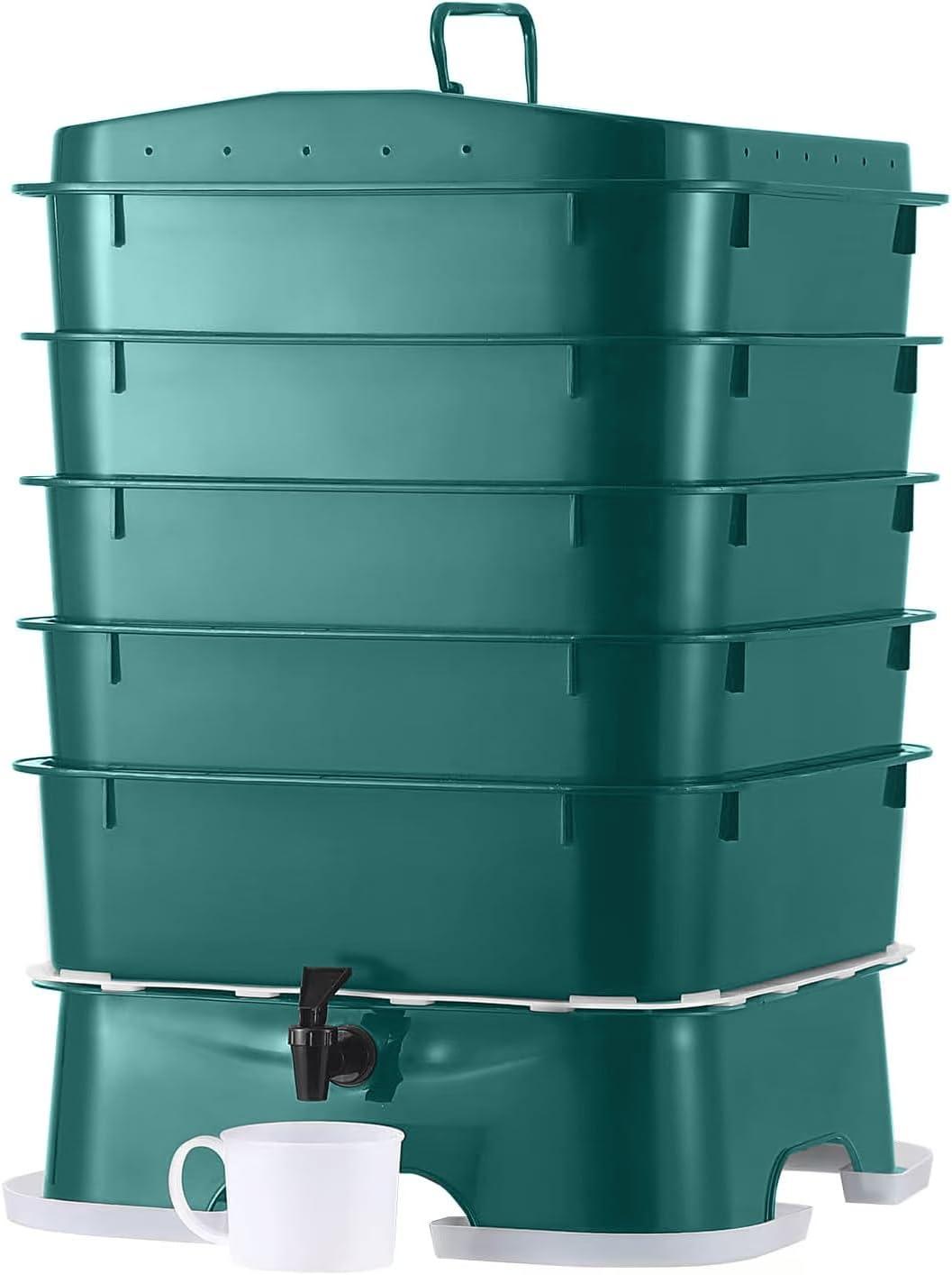 A 5-tray stackable worm composter system, the Vermihut Plus, for vermicomposting.