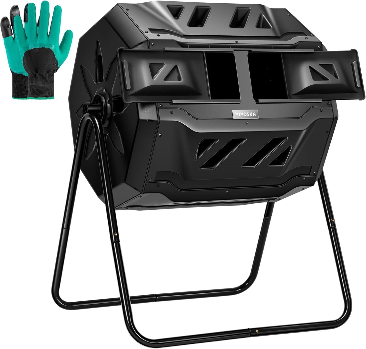 The VIVOSUN dual rotating tumbling composter with a black body and green accents.